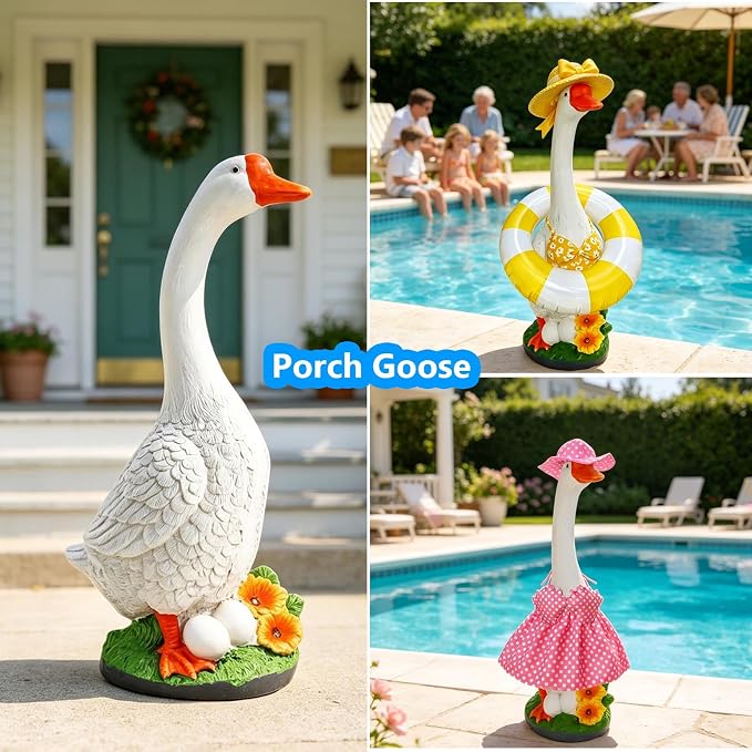 GasSaf 23 Inch Porch Goose Outdoor Garden Statue, Large Porch Goose for Garden Yard Patio Balcony Decor, Heavy-Duty & Independent Standing, Big Resin White Cygnus Sculpture, Father Gift