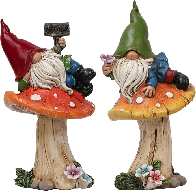 TERESA'S COLLECTIONS Resin Statues for Yard, Set of 2 Cute Garden Gnomes on Mushroom Statues for Outdoor Patio Porch Lawn, Ideal Gift for Dad Mom Birthday, Outside Decor Housewarming Gifts, 7"