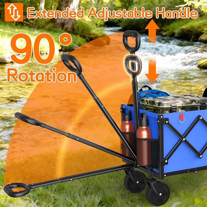 35" L Extra Long Wagons Carts Foldable, 360LBS Heavy Duty Collapsible Wagon with Wheels, Folding Wagon Portable Utility Cart for Groceries, Shopping, Camping, Sports (Blue, 180L)