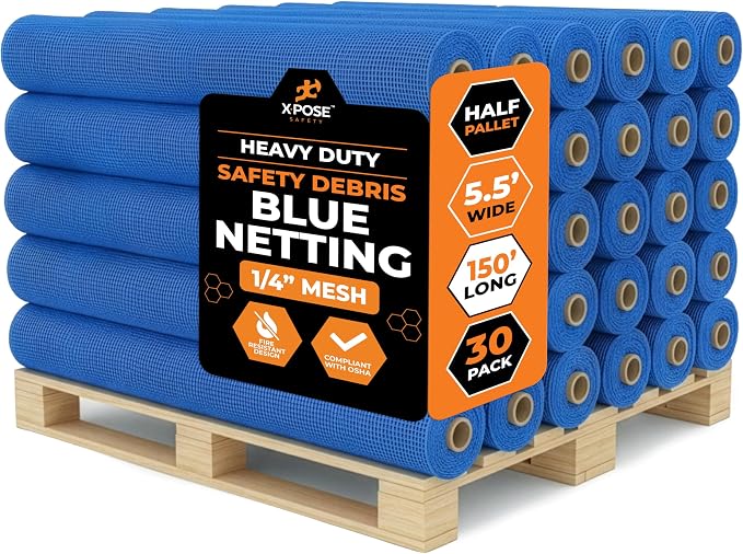 Xpose Safety Construction Safety Netting – 5.5' x 150', 1/4" Mesh Scaffold Safety Net, Temporary Material Roll, Visibility Fence, Heavy-Duty Fire Retardant, Blue (30-Pack)