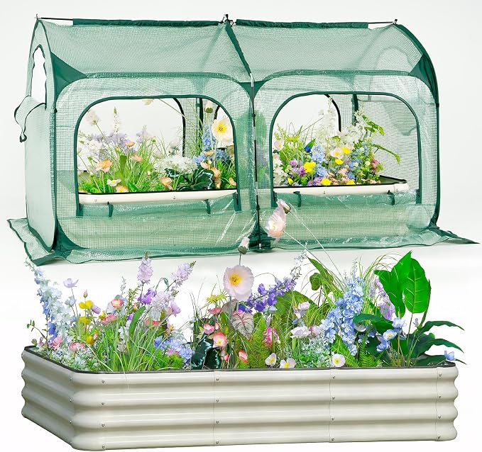 PORAYHUT All-in-One Raised Garden Bed and Greenhouse Kit,Metal Outdoor Planter Box with Pop up Tunnel Greenhouse Cover ,Vegetables, Flowers for Cold Frost Protector (6x3FT)