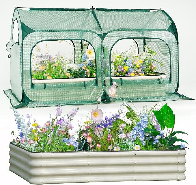 PORAYHUT All-in-One Raised Garden Bed and Greenhouse Kit,Metal Outdoor Planter Box with Pop up Tunnel Greenhouse Cover ,Vegetables, Flowers for Cold Frost Protector (4x2FT)