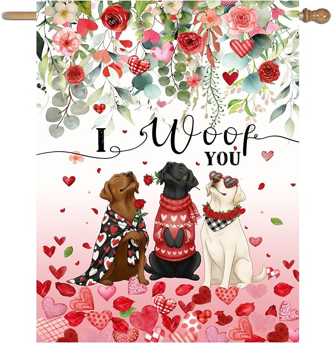 Dog Valentine House Flag 28 x 40 Double Sided Valentines Day Outdoor Decorations White Black Lab Garden Signs Chocolate Labrador Love Heart Yard Banner for Outside