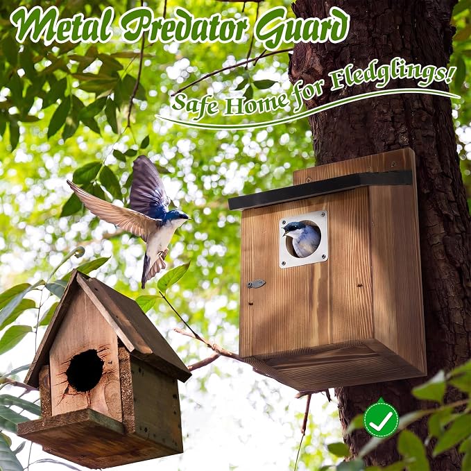 Dreyoo 4 Pack Bluebird Houses for Outside with Metal Predator Guard, 1-1/2" Entrance Hole Wooden Blue Bird Houses for Outdoors, Bluebird Nesting Box(Black Roof, Burnt Wood Body)