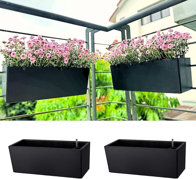 LaLaGreen Railing Planter Boxes (14 Inch, 2 Pack) Self-Watering Window Box Planters with Brackets, Rectangular Hanging Flower Pots for Balcony Deck Fence, Outdoor Herb Garden Plastic Planters Black