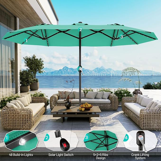AreShark 13 FT Patio Umbrella with Solar Lights, Double-Sided Outdoor Table Umbrellas with Crank, Large Rectangular Market Umbrella for Porch, Lawn, Pool, Backyard, Cerulean
