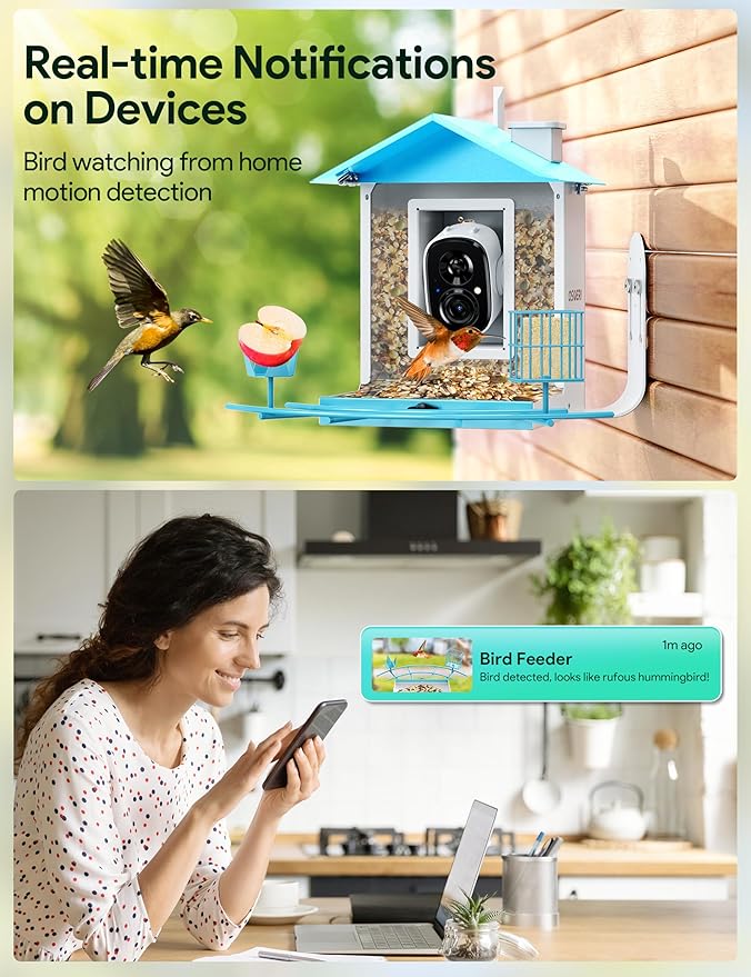 Osoeri Bird Feeder with Camera, Smart Bird Feeder Camera with AI Identify, Metal Bird Feeder with Suet Cage & Fruit Fork, Auto Capture Videos & Motion Detection, Ideal Gift for Bi rd Lovers