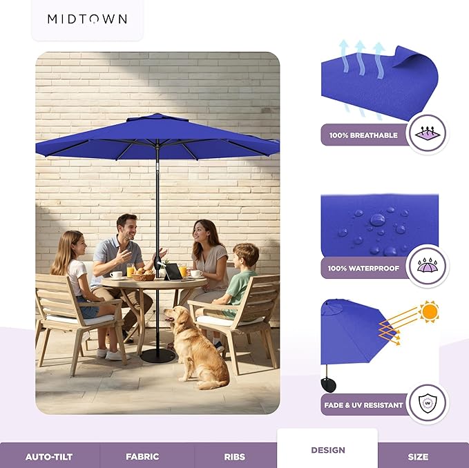 Midtown Umbrellas - 10-Year-No-Fade 6 Ft Patio Umbrella with Terylast Fabric, Auto-Tilt Aluminum Frame and 8 Reinforced Ribs for Deck, Pool, Garden & Beach - Royal Blue Canopy, Black Pole