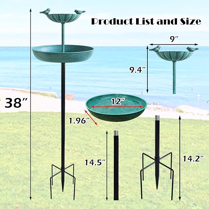JOYBEE 38In Metal Double Bird Bathtub Stake for Outside, Vintage Freestanding Birdbaths, Bird Baths Feeder Bowl for Outdoors Garden Patio Yard Lawn Decor, Upgraded 5-Pronged Base (Blue)
