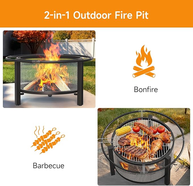 ONBRILL 2-in-1 32 Inch Fire Pit with Cooking Grill, Outdoor Wood Burning Firepit with Poker for BBQ, Bonfire, Picnic, Party, Round Metal Fire Pit for Outside, Backyard, Patio