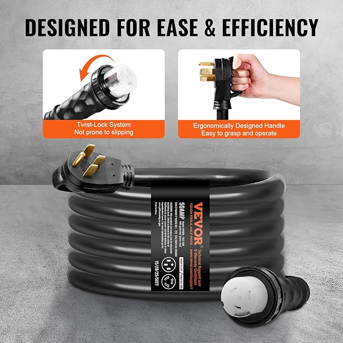 VEVOR 50 Amp Generator Cord and Power Inlet Box Kit, 20FT Generator Extension Cord NEMA 14-50P/SS2-50R STW 6/3+8/1 AWG with Twist Lock Connector, Pre-Drilled Inlet Box, ETL Listed