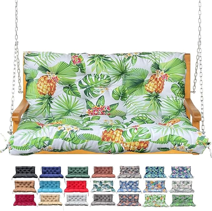 Porch Swing Cushion with Backrest,Waterproof Bench Cushion for Outdoor Furniture,2-3 Seater Replacement Thickened Swing Cushion with Ties,Patio,Outdoor,Backyard and Garden (Tropical Pineapple,47x40")