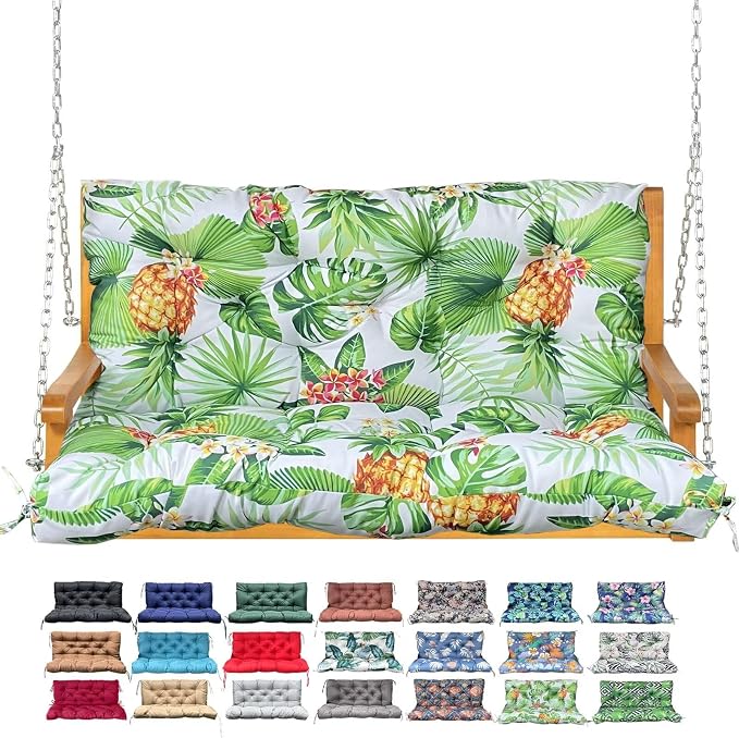 Porch Swing Cushion with Backrest,Waterproof Bench Cushion for Outdoor Furniture,2-3 Seater Replacement Thickened Swing Cushion with Ties,Patio,Outdoor,Backyard and Garden (Tropical Pineapple,60x40")