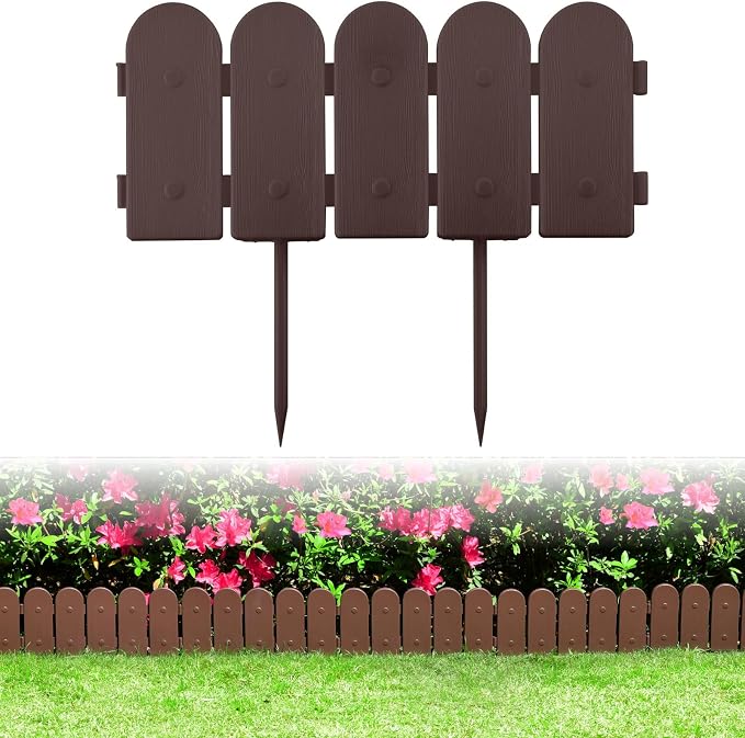 Evelyne Garden Border Plastic Edging: Wooden Fence Design - 16pcs Brown Yard Landscaping Fence Liner Lawn Edge Barrier - 20ft Kit of Decorative Lawn Panels Elements -Landscaping Edging-GMT-10374-A16