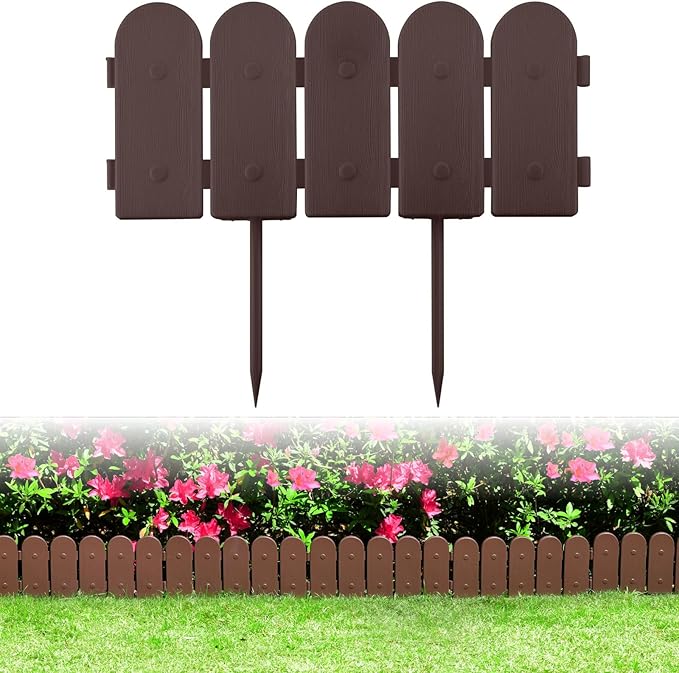 Evelyne Garden Border Plastic Edging: Wooden Fence Design - 8pcs Brown Yard Landscaping Fence Liner Lawn Edge Barrier - 10ft Kit of Decorative Lawn Panels Elements -Landscaping Edging-GMT-10374-A08