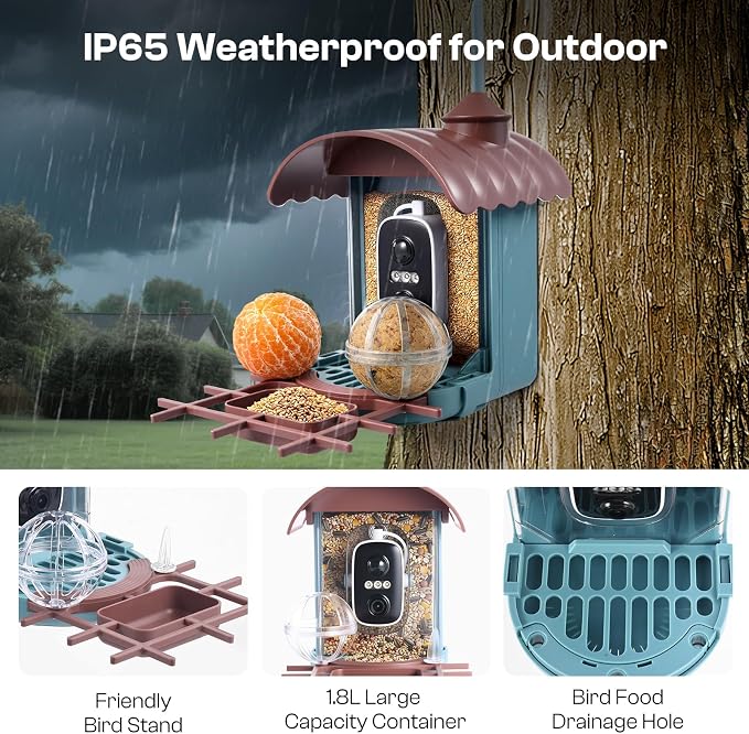 Smart Bird Feeder with Camera - AI Identify 10000+ Bird Species, Solar Powered Bird House with 1080P Color Night Vision, Auto Capture Bird Videos, Wireless Outdoor Camera, Ideal Gift for Nature Lover