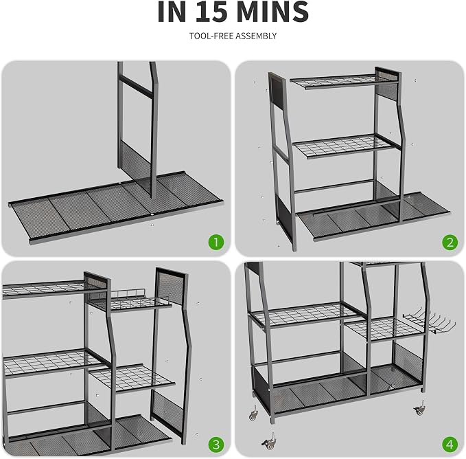 HOTEAGLE Garden Tool Organizer for Garage with 35.4” Width(High Stability), Outdoor Metal Utility Rolling Carts with Mute Wheels & 18.5mm Thick Rods, Easy to Clean, Black