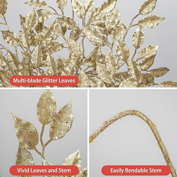 25.6" Christmas Glitter Leaves Stems, 5Pcs Artificial Champagne Leaf Spray Leaf Picks Tall for Christmas Tree DIY Xmas Wreath Garland Arrangment Vase Bouquets Table Centerpieces Decoration Home Decor