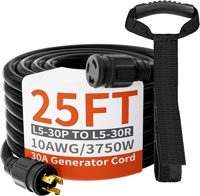 huanchain 3 Prong 30 Amp Generator Cord 25 Feet Heavy Duty,NEMA L5-30P/L5-30R 10 Gauge 125V SJTW Black Lock Generator Extension Cord Waterproof, ETL Listed