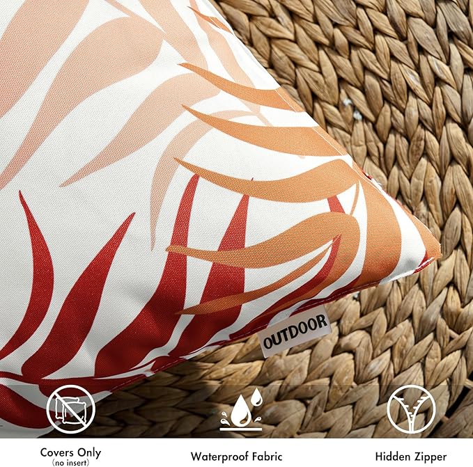 MIULEE Pack of 2 Decorative Outdoor Waterproof Throw Pillow Covers Patio Pillow Cases Natural Leaves Pattern Spring Square Cushion Shams Shell for Garden Balcony Couch 16x16 Inch, Orange