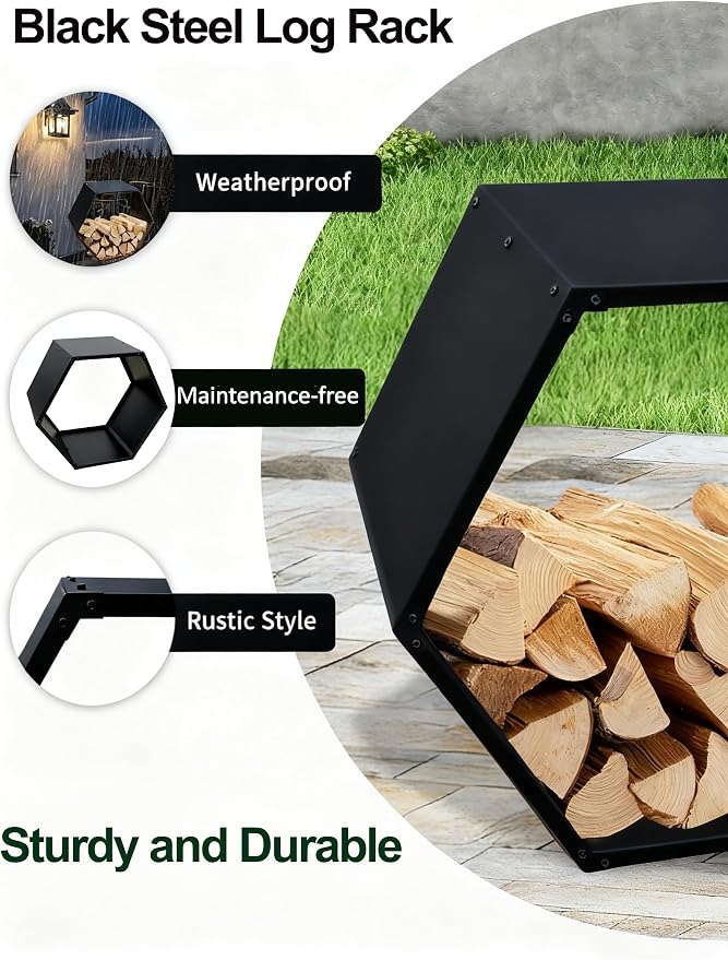 Firewood Log Rack, Heavy-Duty Steel Firewood Rack Outdoor with Hexagon Design, Fire Log Holder for Wood Storage, Wood Holder for Indoor and Outdoor- Black