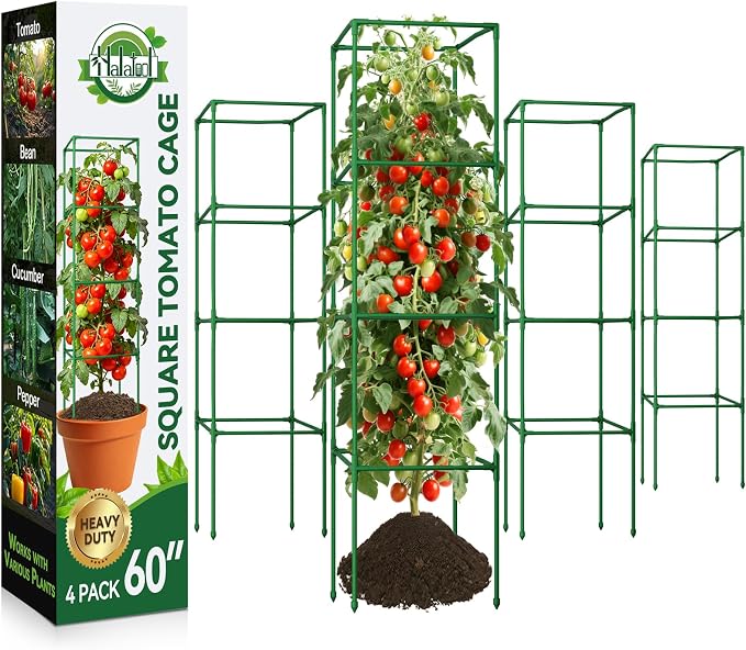 Halatool 4 Pack 60 Inches Square Tomato Cages for Garden, Heavy Duty Adjustable Metal Tomato Trellis for Climbing Plants – Green Plant Support Stakes for Vegetables Flowers Fruits & Raised Bed Outdoor
