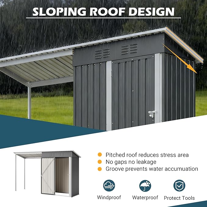 YOPTO 5×3 FT Outdoor Storage Shed & Gazebo Combo,Lean to Metal Tool Shed with Open Pergola,All-Weather 2-in-1 Garden Shed & Gazebo W/Sloping Roof and Lockable Door,for Backyard,Patio,Lawn(Gray)