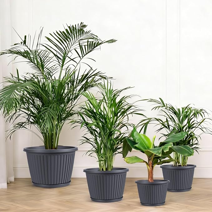 10-inch-Planters-for-Outdoor-Plant，Plastic Indoor Flower Pots with Drainage Holes & Saucer, 4 Packs Decorative Garden Pots for Plant for Home Porch Decor