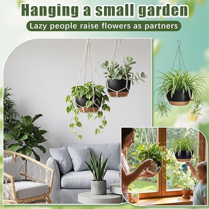 Sliner Set of 4-10 Inch Self Watering Hanging Planters Includes Hanging Pots and Outdoor Hanger Plant Pots with Drainage Holes 2 Types of Hanger Basket Hooks for Patio Garden(Black Brown)
