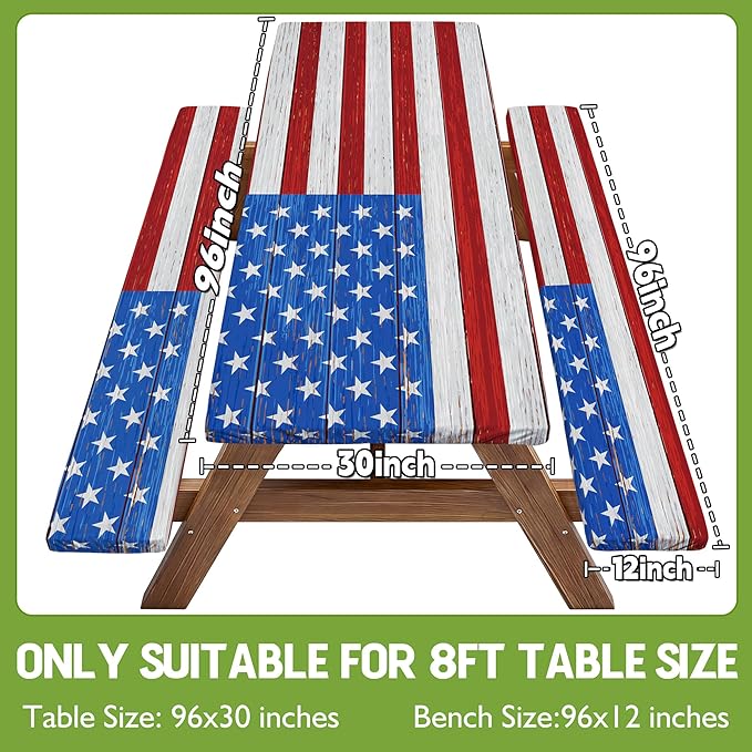 Picnic Table Cover with Bench Covers Waterproof Rectangle Tablecloth Camping Essentials Supplies Rv Travel Gear Must Haves Accessories Fitted Table Cloth Outdoor Road Trip Camper Gifts American Flag