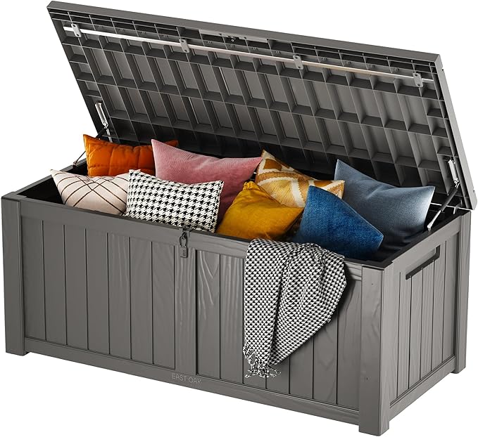 EAST OAK 120 Gallon Deck Box & 60 Gallon Deck Box, Outdoor Storage Box with Padlock for Patio Furniture, Patio Cushions, Gardening Tools, Pool Supplies, Waterproof and UV Resistant Resin, Grey