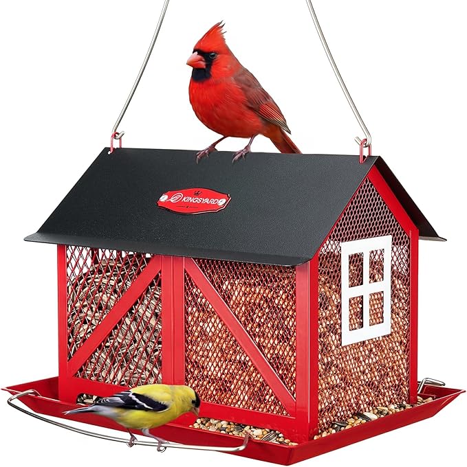 Kingsyard Metal Bird Feeder for Outdoors Hanging, 2-in-1 Wild Bird Feeder with Seed Tray & Built-in Perch, 5 lb Large Capacity for Cardinal Chickadee Finch, Red