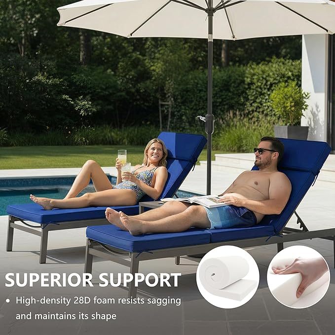 72 x 21 Inch Outdoor Chaise Lounge Cushion - Removable Cover, 4-Section Design, Water-Repellent & Fade-Resistant, 6 Tie Straps, Replacement for Patio & Pool Chairs - Navy