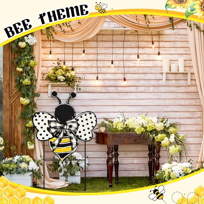 Weysat Summer Yard Sign Polka Dot Bee Metal Decoration Outdoor 13.7 Inch Summer Decoration for Home Outdoor Honey Bee Welcome Porch Decor with Stakes Waterproof for Garden Patio Lawn Party Walkway