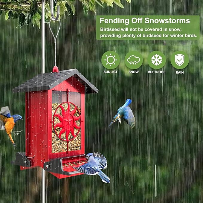 Squirrel Proof Bird Feeders for Outdoors with Weight-Activated, 5LB Large Metal Wild Bird Feeders for Cardinals,Blue Jay,Finch, Weatherproof Durable Hanging Bird Feeder for Backyard,Garden (Red)