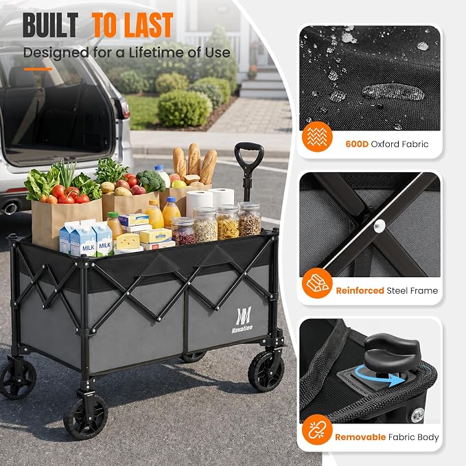 Navatiee 165L Collapsible Folding Wagon, Large Foldable Wagon with Silent All-Terrain Wheels, 330Lbs Heavy Duty Utility Grocery Cart for Camping Shopping Outdoor, Gray