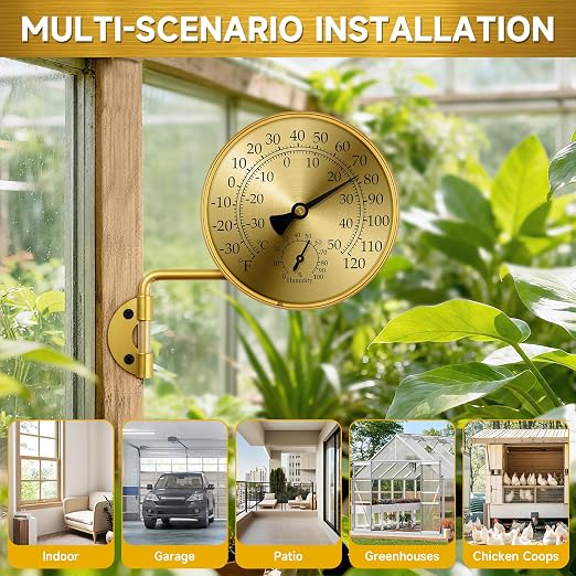 4 Inch Analog Outdoor Thermometer Hygrometer, Brass Mechanical Weather Station with Rotatable Wall Mount, Waterproof Large Dial Easy-Read Numbers for Patio Garden Greenhouse Home Outside