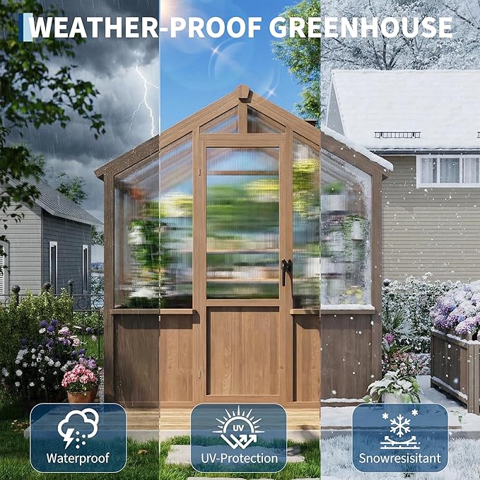 6x10 FT Greenhouse - Large Wooden Greenhouses for Outdoors, Heavy Duty Spruce Frame Greenhouse with PC Panels, Adjustable Roof Vents & Lockable Door, Walk-in Green Houses for Garden, Backyard, Patio