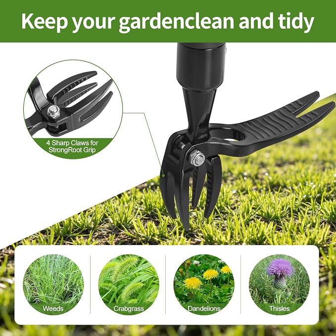 Hoffen Adjustable Stand Up Weeder (33-55 Inch), Lightweight Aluminum Weed Puller Tool, Telescoping Rotating Handle, 4-Claw Rust-Free, Corrosion-Resistant Gardening Tool for All Ages, Easy to Store