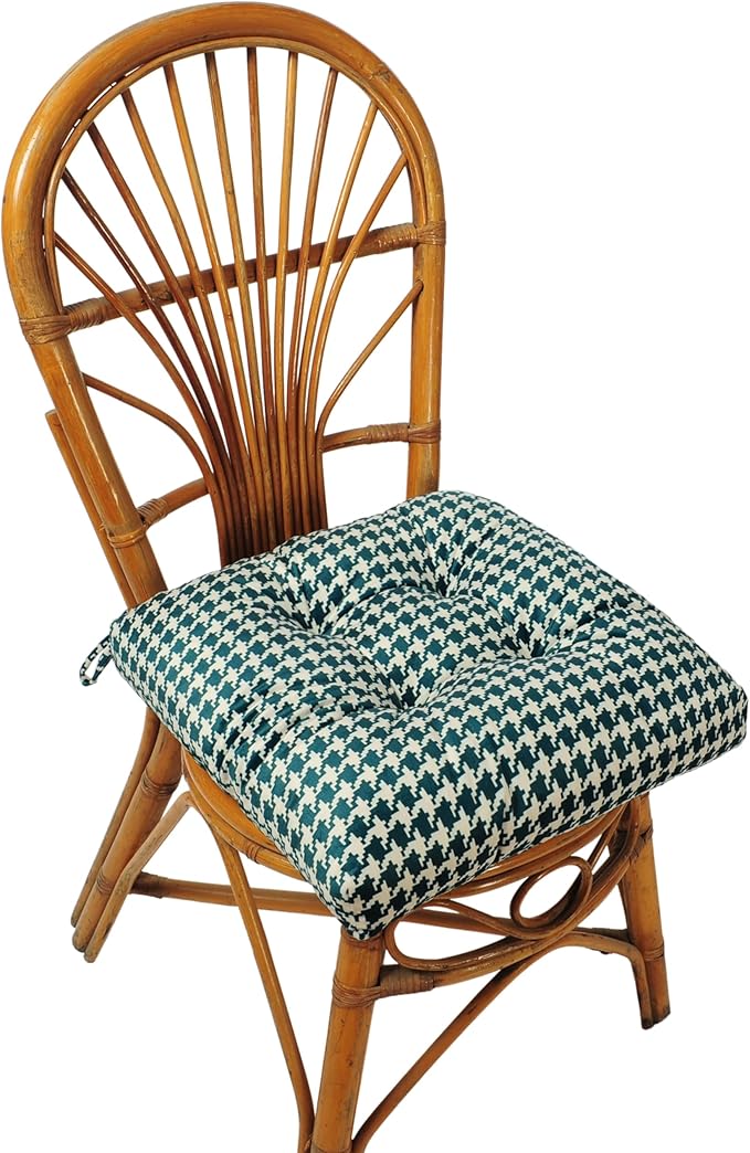2-Pack Outdoor/Indoor Wicker Patio Seat Cushion Pad with Ties - Dining Chair Cushion, 17" x 17" (Green Houndstooth)