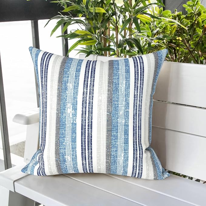 LVTXIII Outdoor Pillow Covers 20x20 Inch, 2 Pack Large Square Throw Pillow Cases, Fade-Resistant Cushion Covers for Patio Furniture Sofa, Garden Porch, Stripe Layered Blue