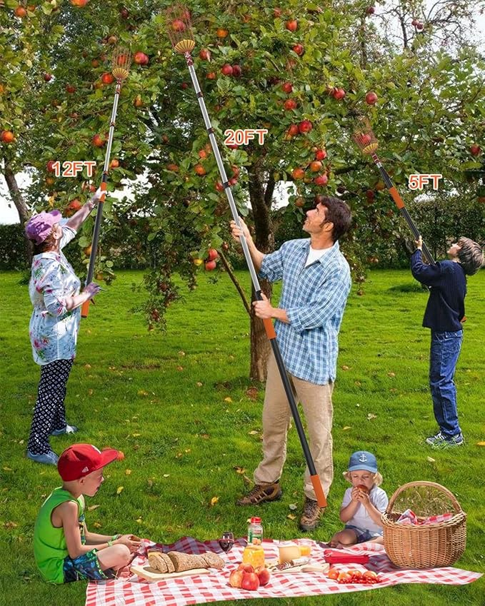 AgiiMan 28 Reach Fruit Picker with Telescopic Extension Pole, 5 to 20 FT Fruit Picker Pole Lightweight and Sturdy Aluminum Telescopic Pole, Easy to Assemble Fruit Picking Basket
