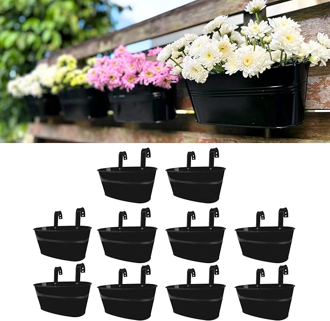 LaLaGreen Outdoor Planter (10 Pack, 9.8 Inch) Small and Cute Black Metal Iron Hanging Flower Pot Deck Railing Rail Fence Balcony Bucket Countryside Style Herb Window Box Plant Holder Hooks Porch Decor