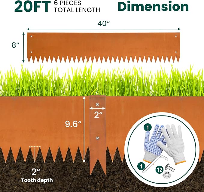 Corten Steel Landscape Edging Metal Edging Landscaping Garden Edging Steel Landscaping 40 Inch Strips 8 Inch Lawn Edge Border Rust Patina Hammer-in for Yard Lawn 6 pcs