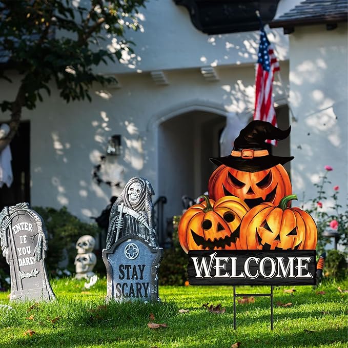 JarThenaAMCS Vintage Halloween Pumpkin Metal Garden Stake Evil Pumpkin Face Decorative Lawn Sign Spooky Welcome Yard Sign for Trick or Treat Home Outside Lawn Porch Decor