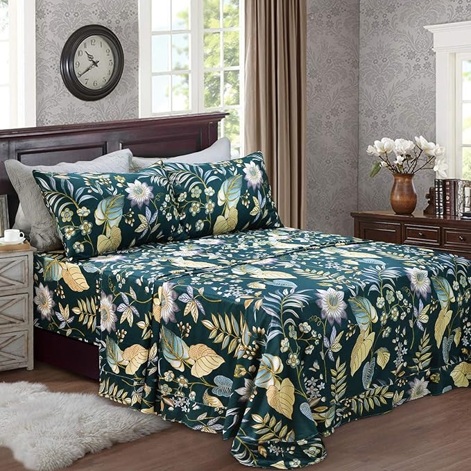 FADFAY Sheets Set Full Teal Elegant Floral Bedding Tropical Plam Leave Sunflower Bedding 800 Thread Count Luxury Summer Set 100% Egyptian Cotton Deep Pocket Bed Sheets Set, 4 Pieces-Full Size