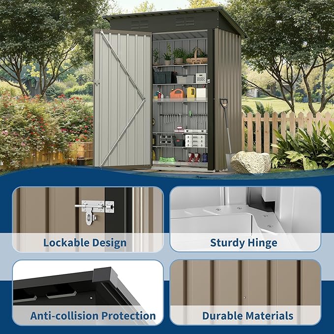 5x3 ft Outdoor Storage Shed & Tool Shed, Metal Garden Shed with Sloping Roof and Lockable Door, Compact Utility Shed for Backyard, Patio, Garden Storage, Brown