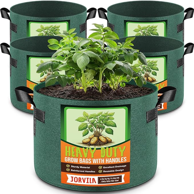 Jorvila 5 Pack 10 Gallon Grow Bags, Thickened Nonwoven Fabric Planter Pots with Handles, Heavy Duty 300G Garden Pots for Tomato, Potato and Vegetable