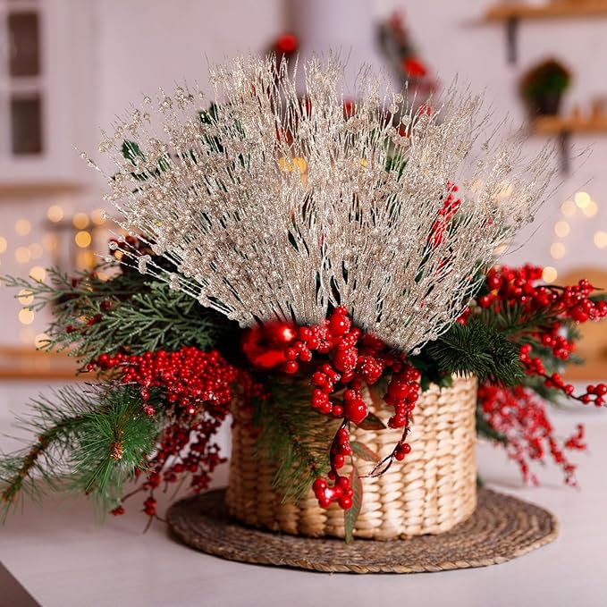 36 Pcs 17'' 15'' Christmas Artificial Glitter Berry Stems 4 Styles Xmas Decorative Tree Picks Branches Large Glittery Twigs for Christmas Tree Xmas Wreath Vase Filler(Champagne Gold)