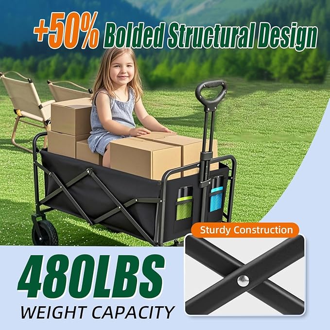 Collapsible Wagon Cart Foldable 37" L 480lbs Capacity, Heavy Duty Beach Wagon, Shopping Carts with Wheels for Grocery, Camping, Shopping, Fishing, Garden Cart